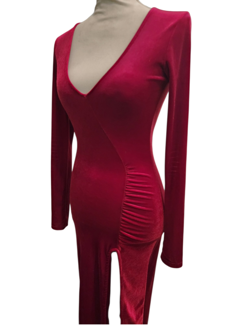 Fashion Nova Burgundy Velvet Long Sleeve Ruched Side Slit Maxi Dress V-Neck S/M
